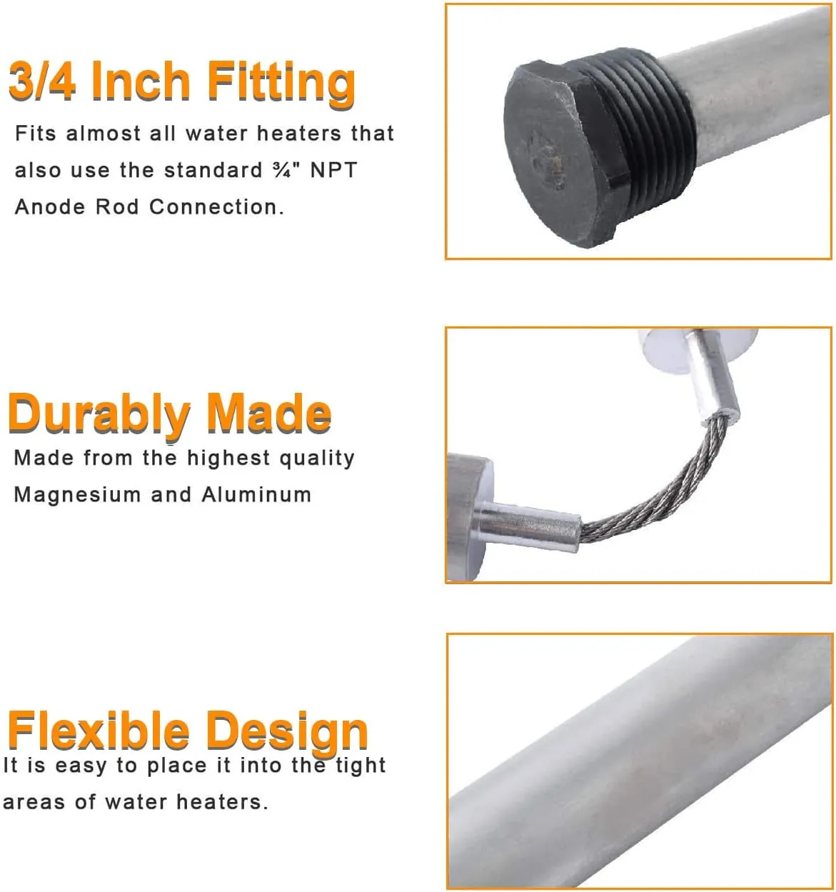 42'' Magnesium Anode Rod for Hot Water Heater Compatible with Rheem Reliance Richmond Kenmore GE Tanks, 42'' Flexible Three Quarter 3/4" NPT Thread 0.8'' Diameter Home Water Tank Anode Rod