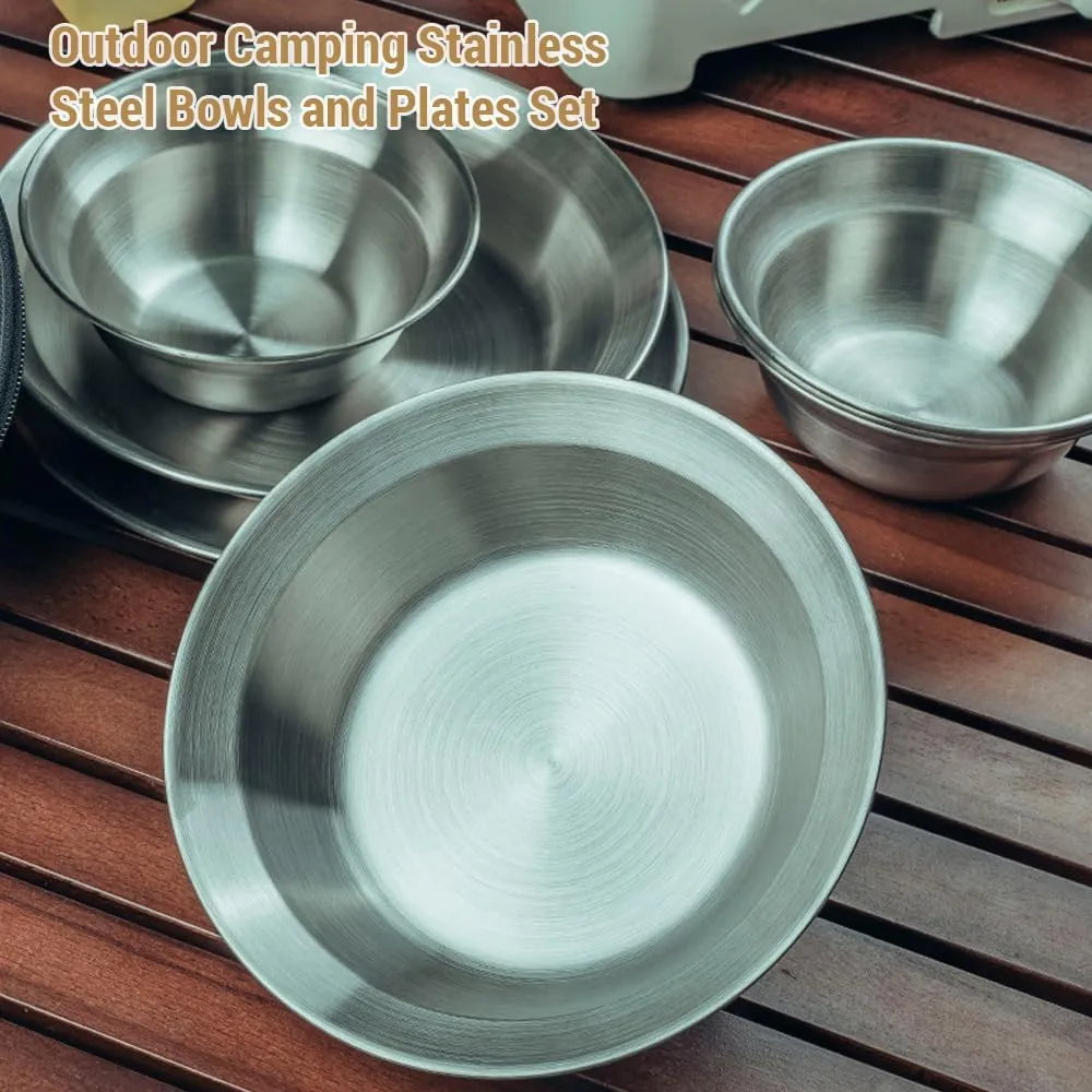 4pcs Camping Tableware Sets Reusable Stainless Steel Plates and Bowls for Outdoor Camping Hiking