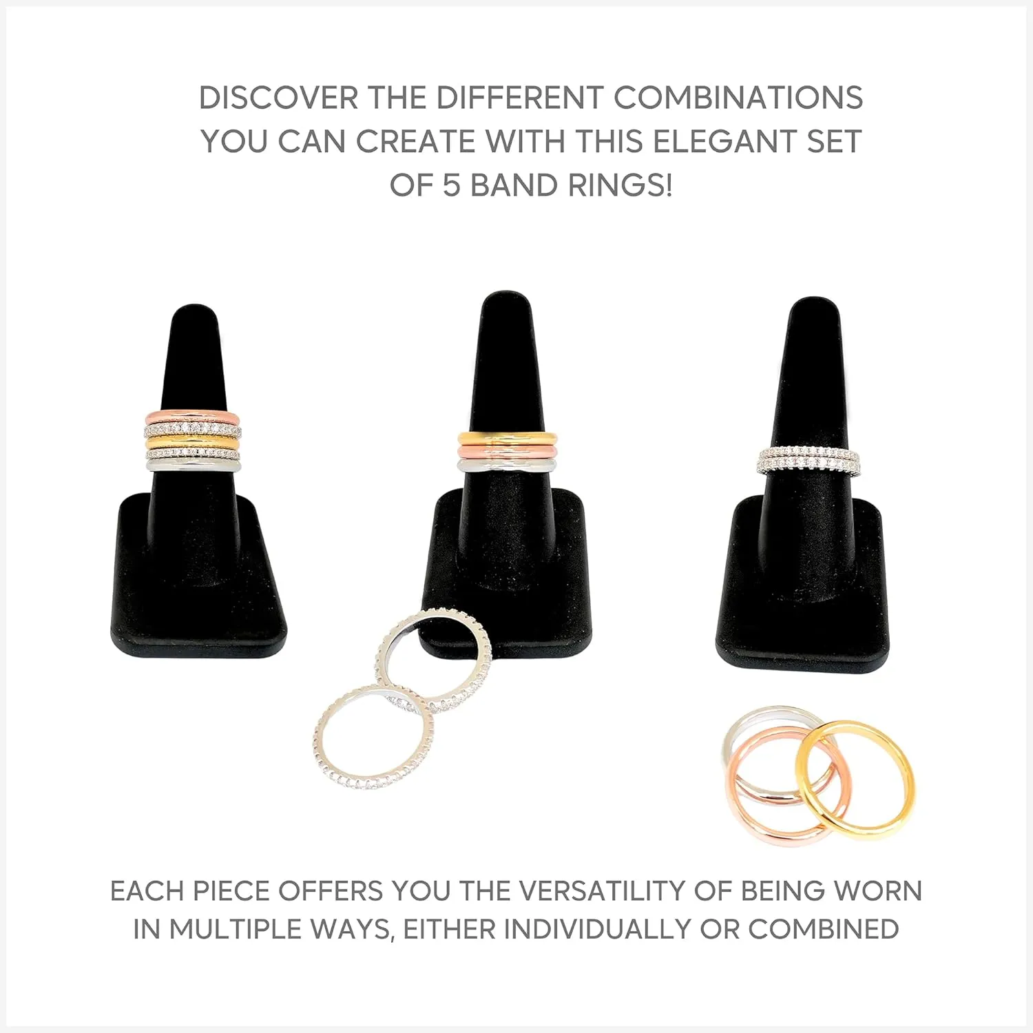 5 Bands Stackable Rings for Women - 14K Gold Plated and Zirconia Stacking Rings, Tarnish Resistant, Elegant and Durable