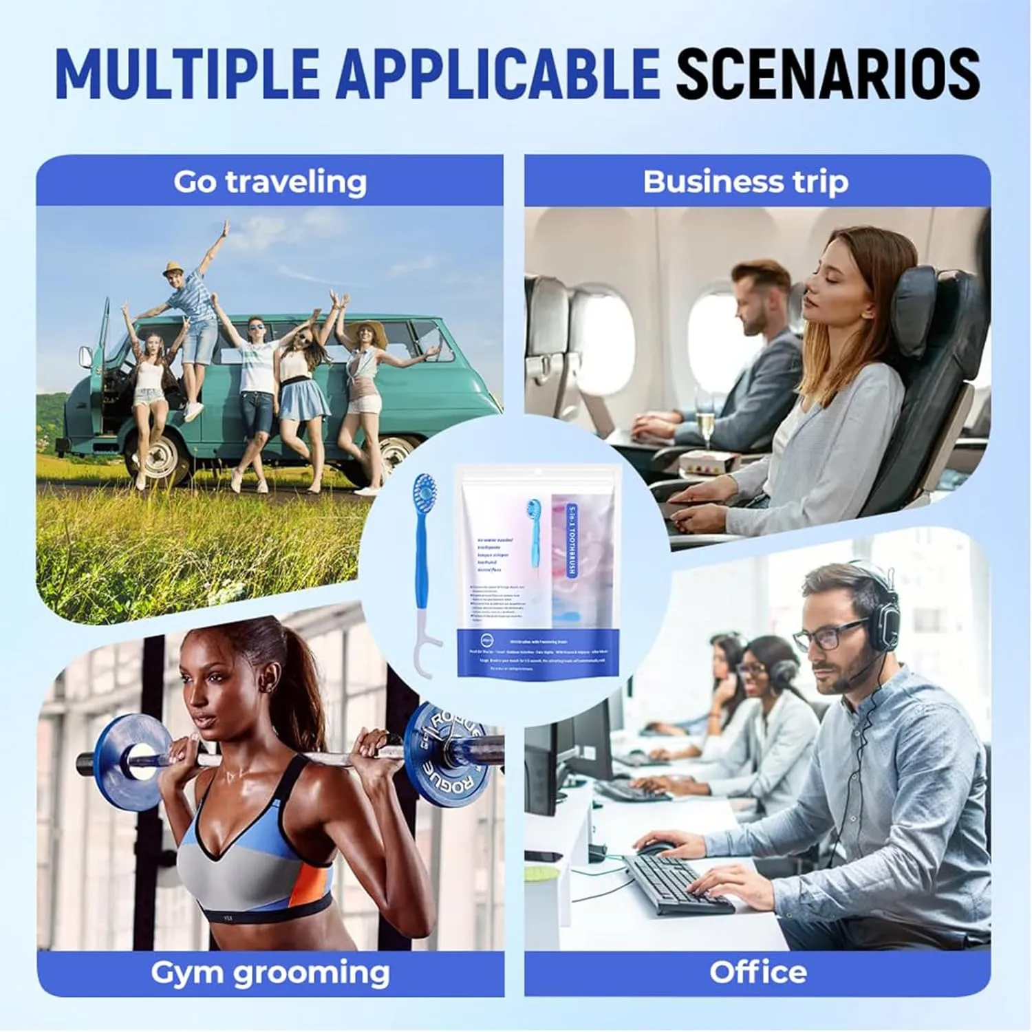 5 in 1 Mini Toothbrush & Floss & Tongue Scraper & Toothpick Set, Portable Disposable Toothbrush with Toothpaste, Oral Care for Travel Work (Mint)