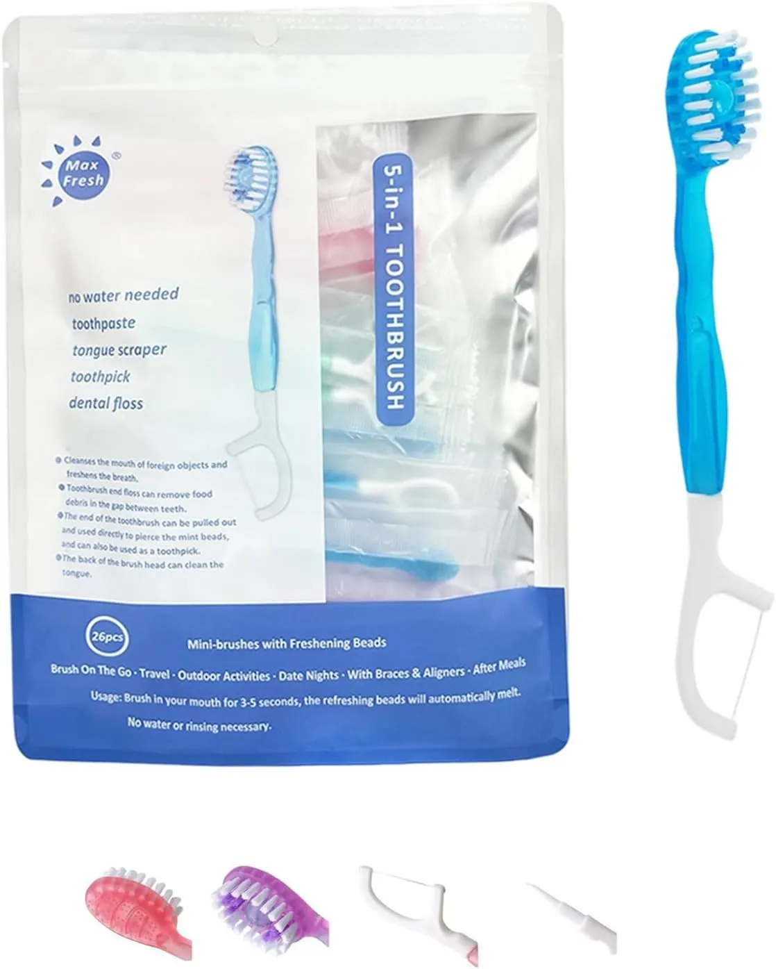 5 in 1 Mini Toothbrush & Floss & Tongue Scraper & Toothpick Set, Portable Disposable Toothbrush with Toothpaste, Oral Care for Travel Work (Mint)
