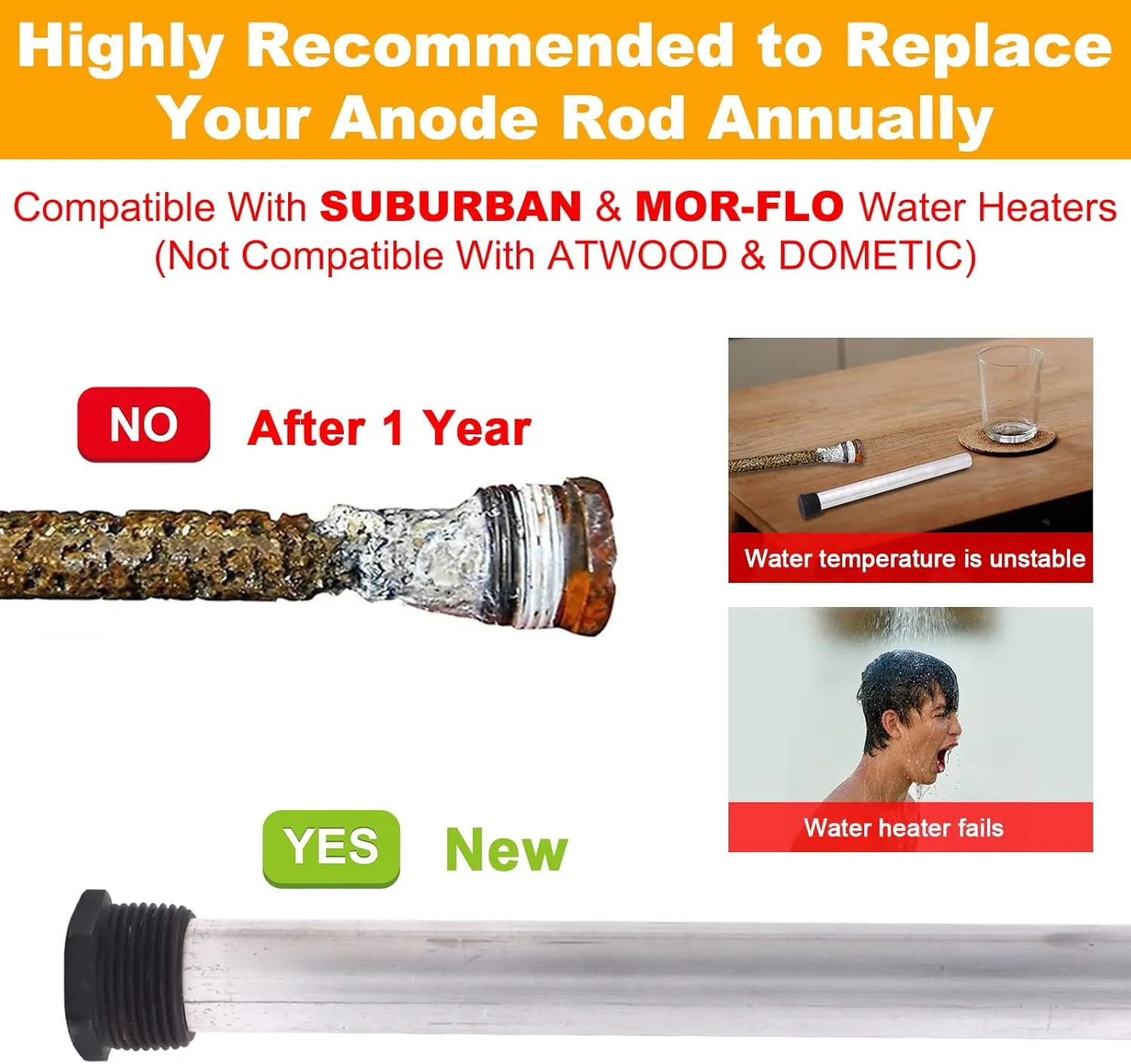 5 Pack RV Water Heater Anode Rod & RV Water Heater Tank Rinser - 9.25" L x 3/4" NPT Thread Magnesium Rod and Metal Tube Water Tank Flusher, Replacement Part for Suburban Water Heater 232767