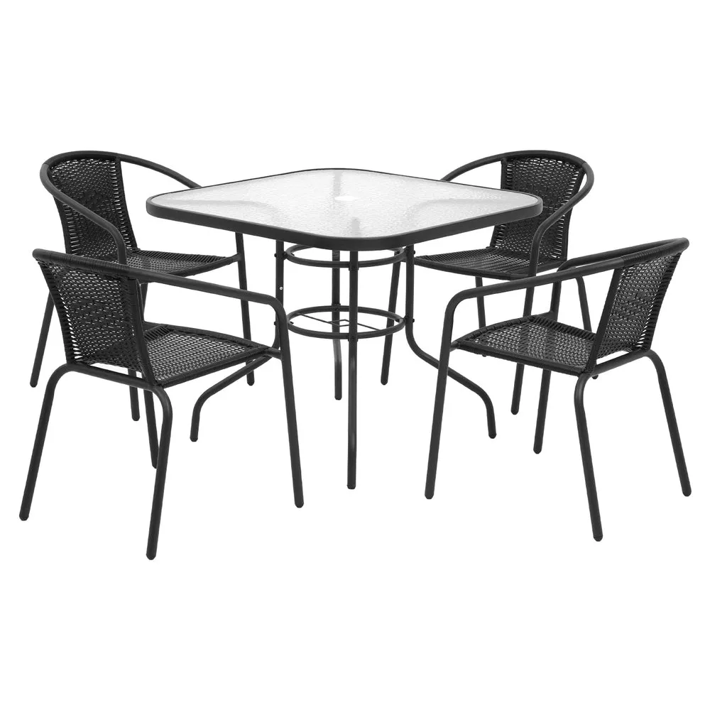 5 PC Steel & Rattan Outdoor Dining Set - Black