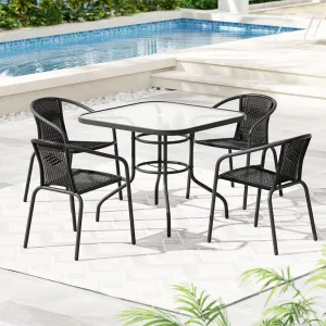 5 PC Steel & Rattan Outdoor Dining Set - Black
