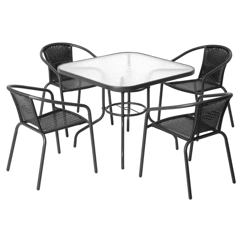 5 PC Steel & Rattan Outdoor Dining Set - Black
