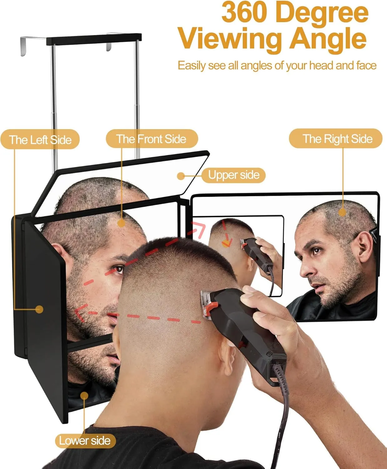 5 Way Mirror for Self Hair Cutting & Shaving, 360 Makeup Mirror with Height Adjustment for Braiding & Styling (Black)