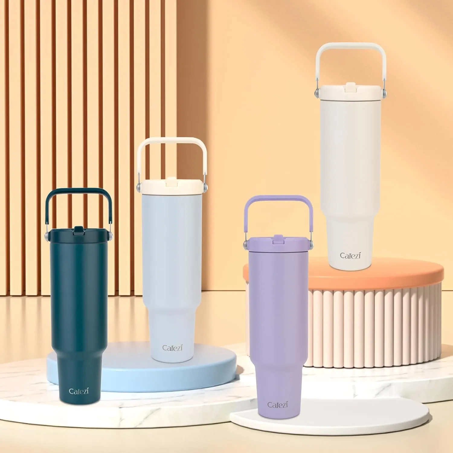 50 oz Insulated Tumbler with Straw, Stainless Steel Water Bottles with Flip Straw and Top Handle, Leak Proof Flip, No Sweat, Fits in Cup Holder, Vacuum Insulated Cup for Home, Outdoors, Car