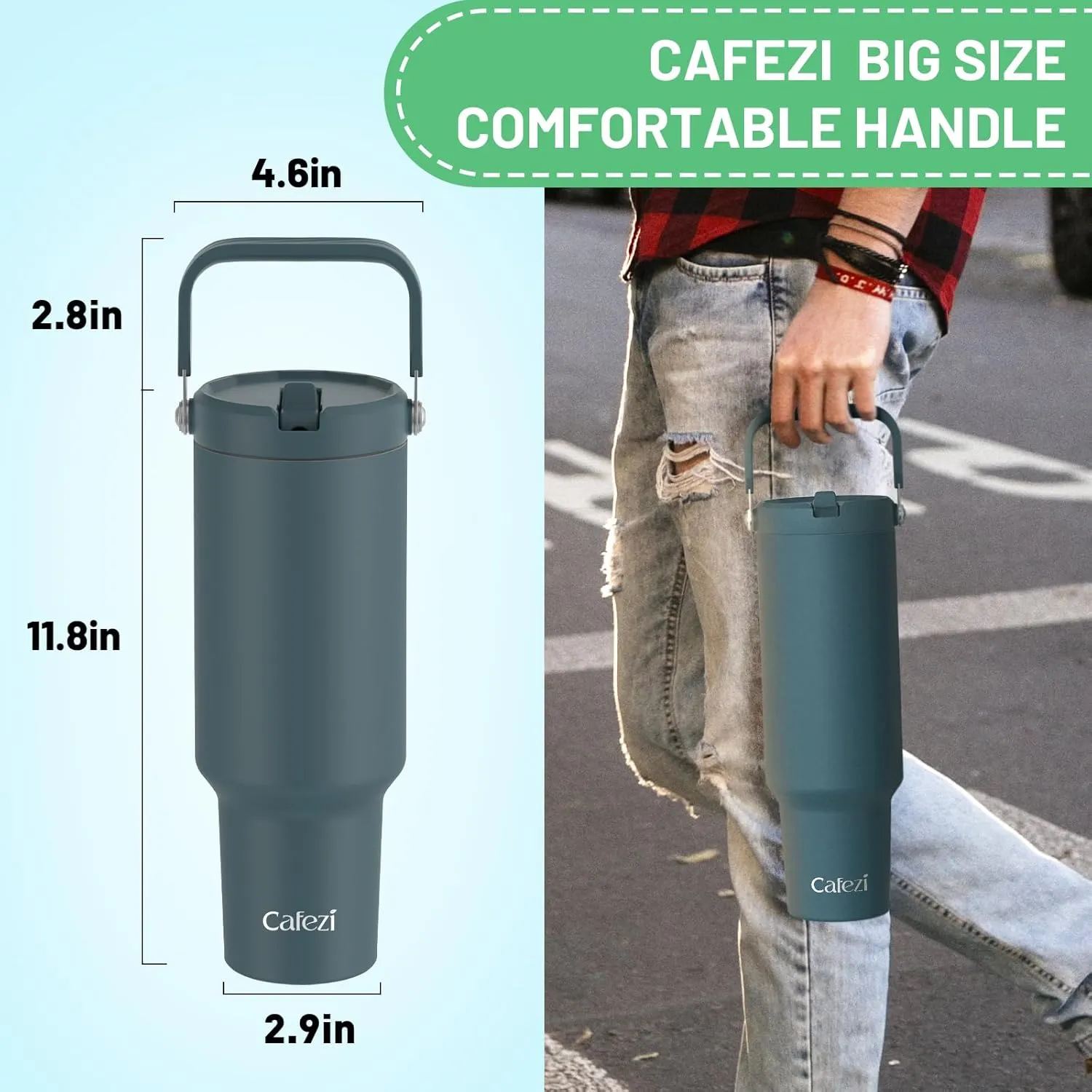 50 oz Insulated Tumbler with Straw, Stainless Steel Water Bottles with Flip Straw and Top Handle, Leak Proof Flip, No Sweat, Fits in Cup Holder, Vacuum Insulated Cup for Home, Outdoors, Car