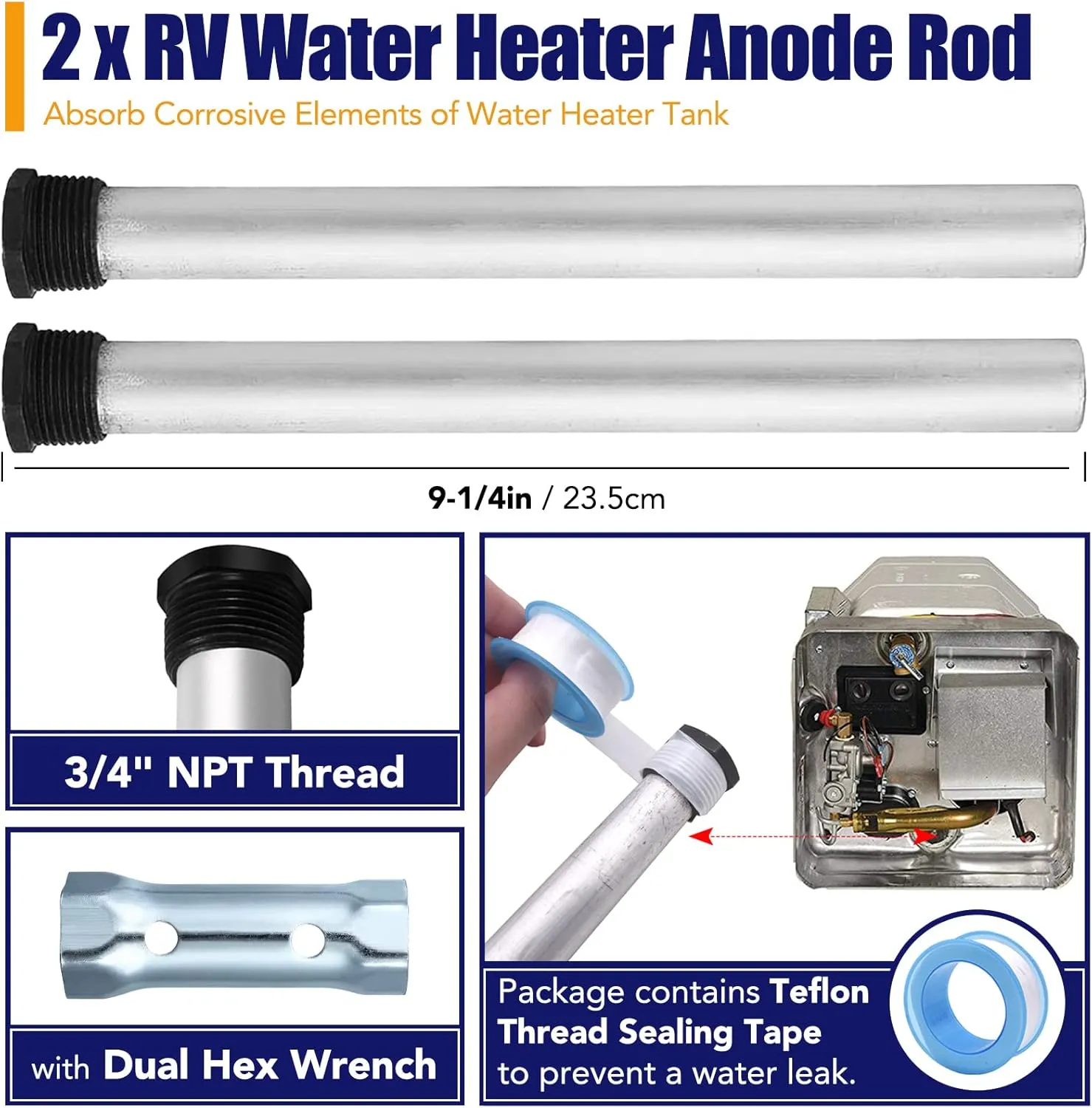 5Pack RV Water Heater Anode Rod & Flush Wand & Element Socket - 9.25"L x 3/4"NPT Thread Magnesium Rod for Suburban, Mor-Flo, Camper Hot Water Tank Cleaning Rinser with Dual Hex Wrench Removal Tool