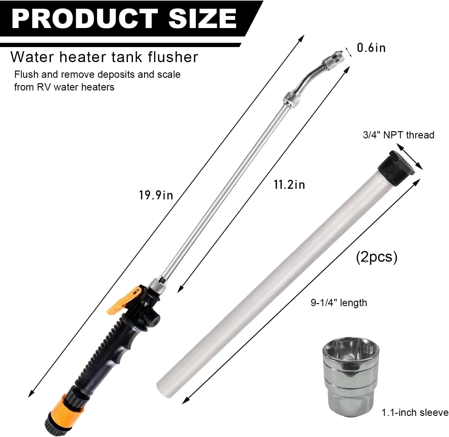 5PCS RV Water Heater Rinser, Camper Hot Water Tank Flush Wand with Hex Wrench Socket Anode Rod Seal Tape, Travel Trailer Water Heater Rinser Kit for Cleaning Sediment & Scale