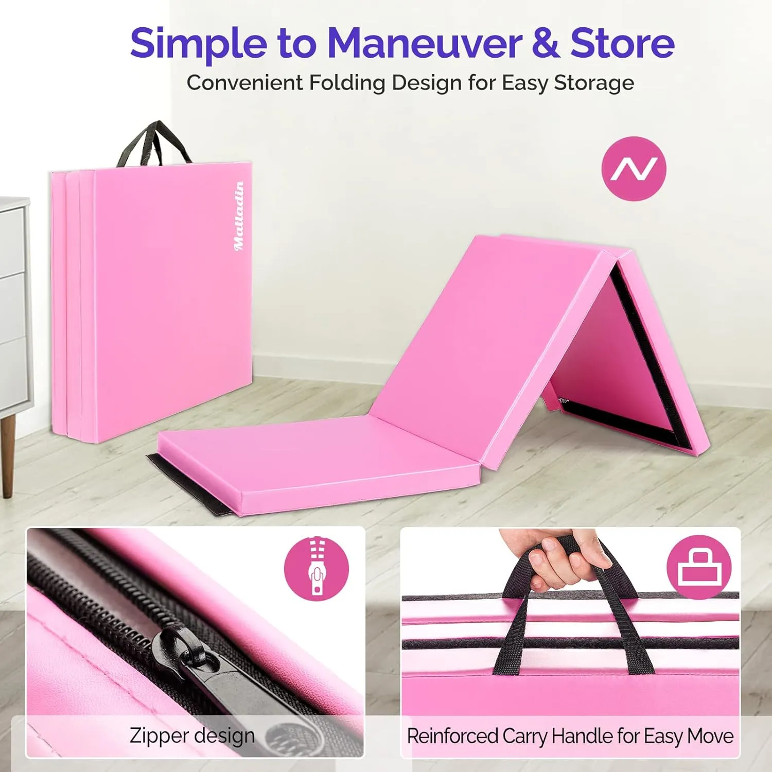 6' Folding Tri-fold Gymnastics Gym Exercise Aerobics Mat, 6ft x 2ft x 2in PU Leather Tumbling Mats with Hook & Loop Fastener for Stretching Yoga Cheerleading Martial Arts