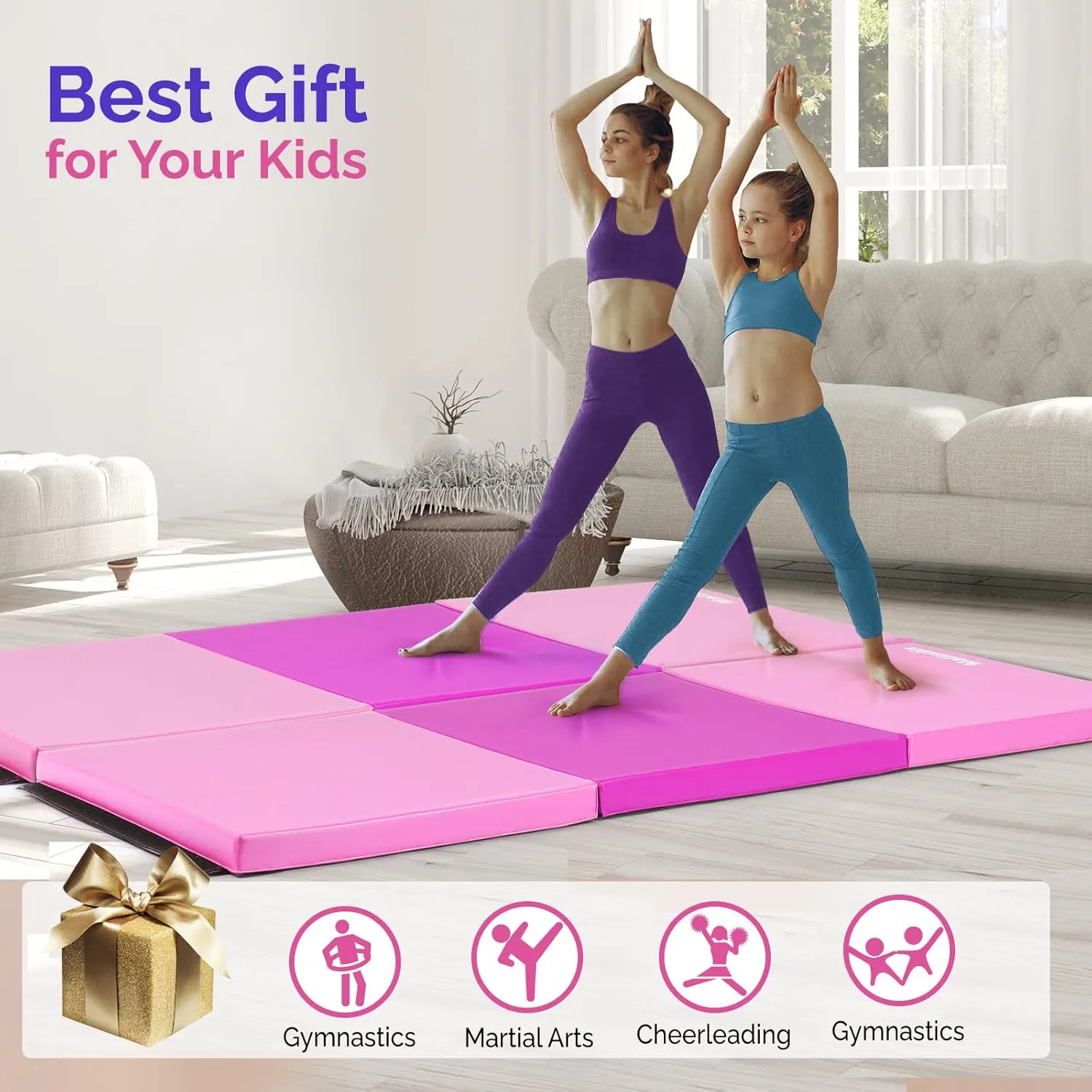 6' Folding Tri-fold Gymnastics Gym Exercise Aerobics Mat, 6ft x 2ft x 2in PU Leather Tumbling Mats with Hook & Loop Fastener for Stretching Yoga Cheerleading Martial Arts