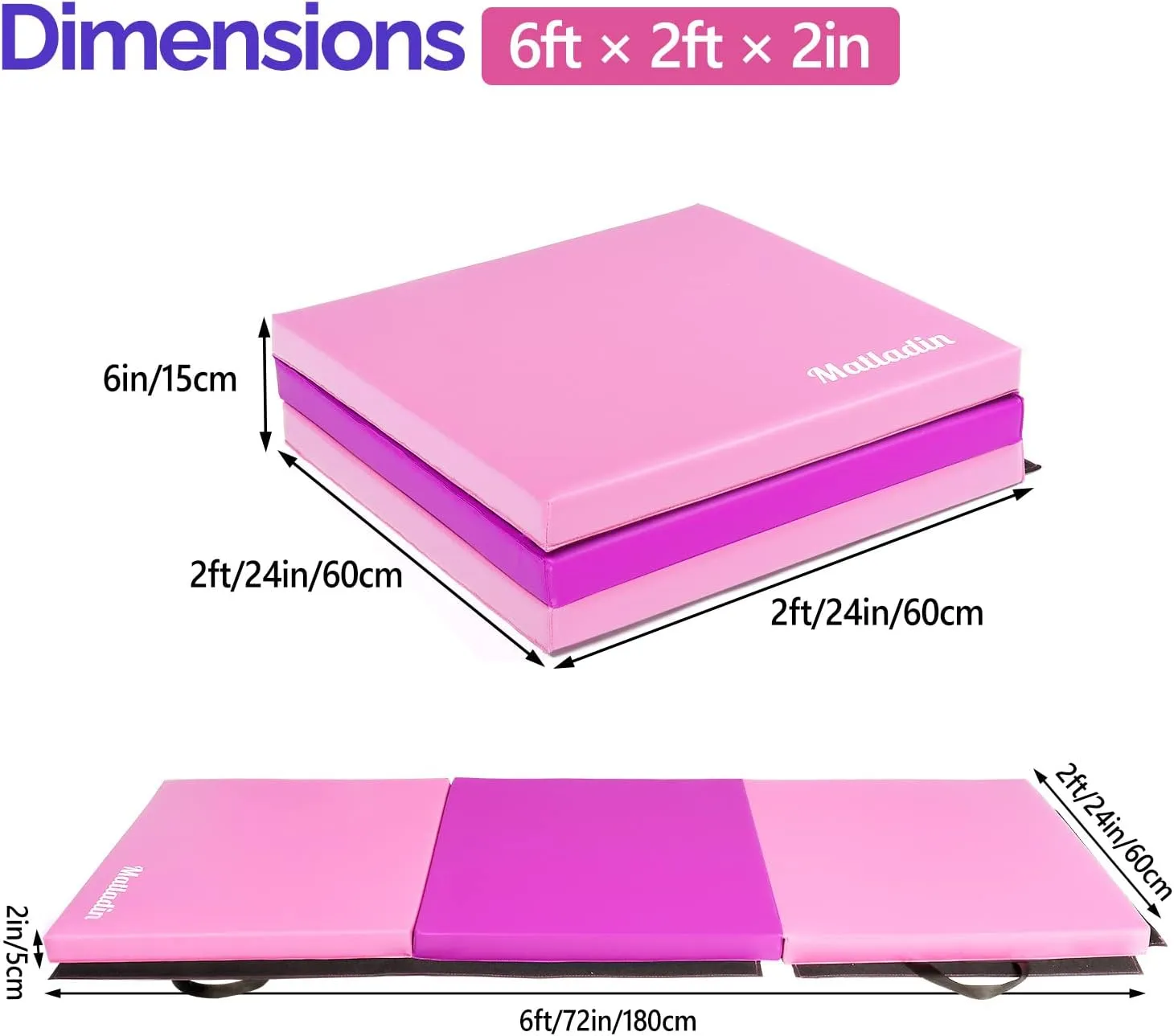 6' Folding Tri-fold Gymnastics Gym Exercise Aerobics Mat, 6ft x 2ft x 2in PU Leather Tumbling Mats with Hook & Loop Fastener for Stretching Yoga Cheerleading Martial Arts