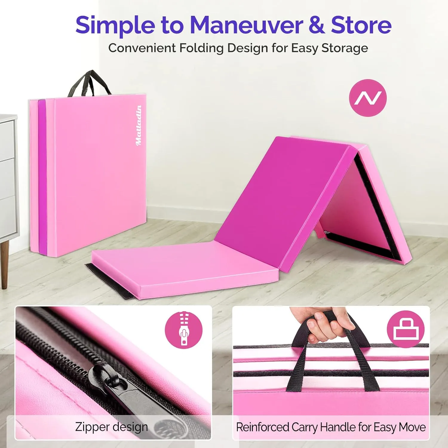 6' Folding Tri-fold Gymnastics Gym Exercise Aerobics Mat, 6ft x 2ft x 2in PU Leather Tumbling Mats with Hook & Loop Fastener for Stretching Yoga Cheerleading Martial Arts