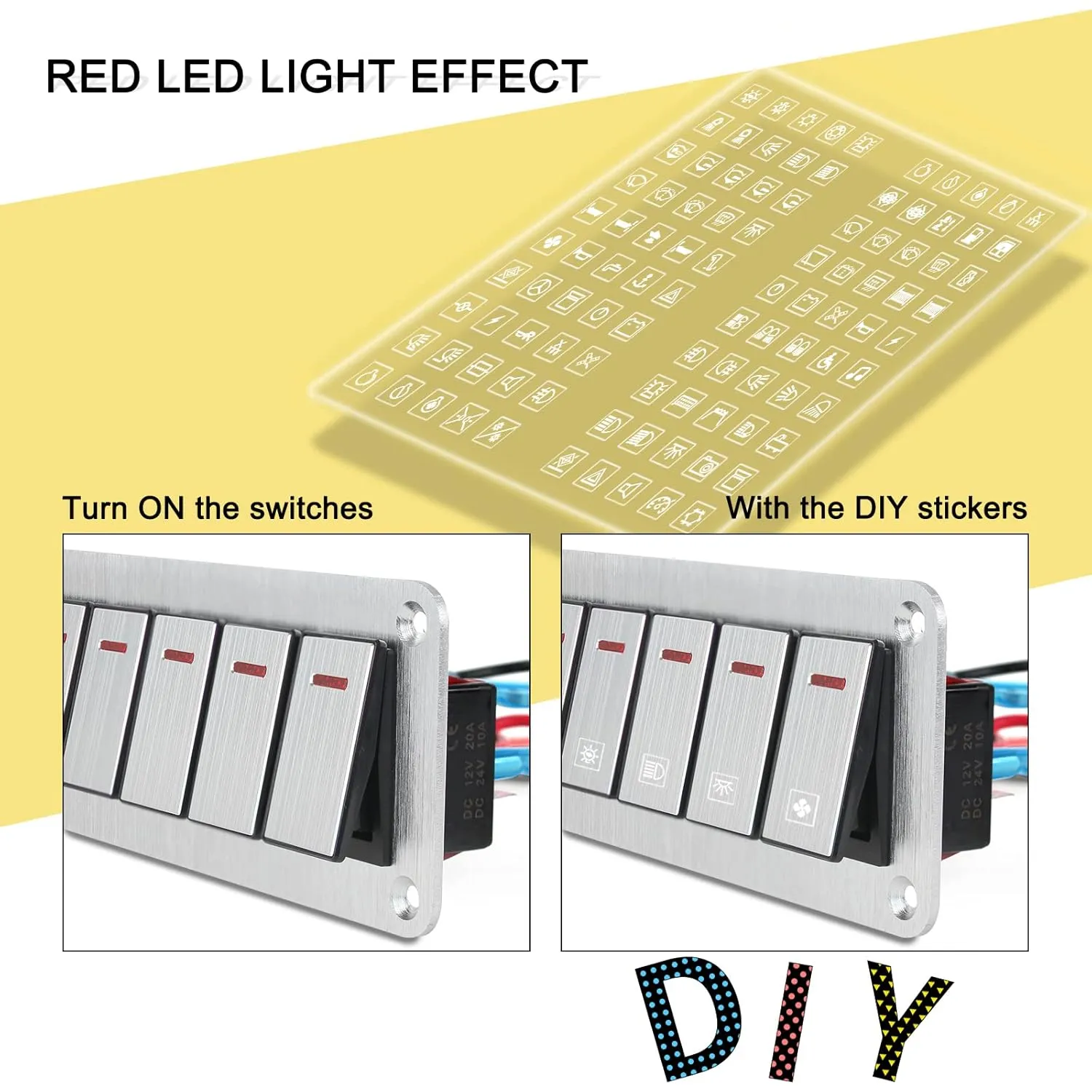 6 Gang Aluminum Rocker Switch Panel - 12V/24V Switch Panel 3 Pin ON/Off Pre-Wired Waterproof Toggle Switch Panel for Marine Boat Automotive Car RV