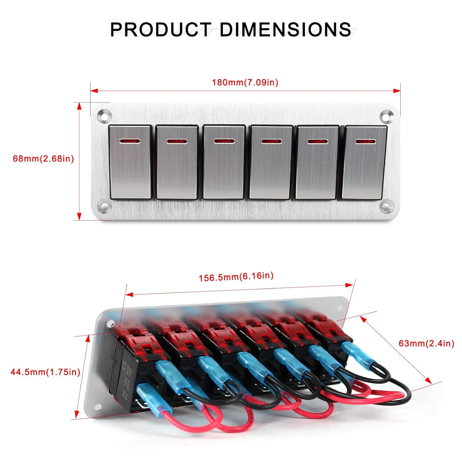 6 Gang Aluminum Rocker Switch Panel - 12V/24V Switch Panel 3 Pin ON/Off Pre-Wired Waterproof Toggle Switch Panel for Marine Boat Automotive Car RV