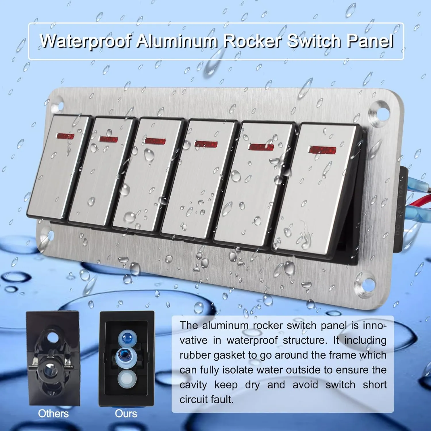 6 Gang Aluminum Rocker Switch Panel - 12V/24V Switch Panel 3 Pin ON/Off Pre-Wired Waterproof Toggle Switch Panel for Marine Boat Automotive Car RV