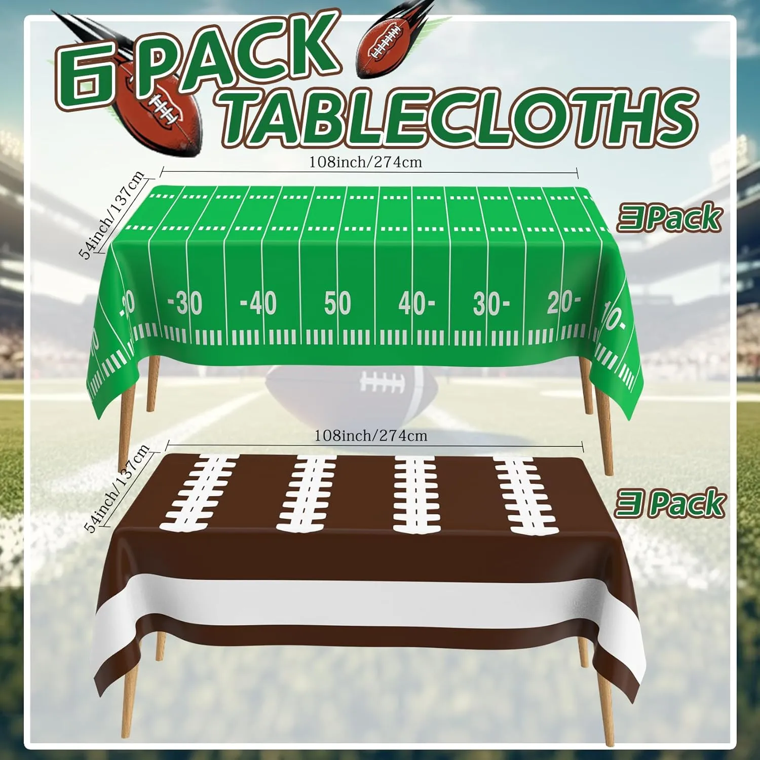 6 Pack Football Tablecloth Football Party Decorations Football Tablecloth Set 108 X 54Inch Disposable Plastic Table Cloth Football Table Cover Football Table Decorations for Birthday Party Favor