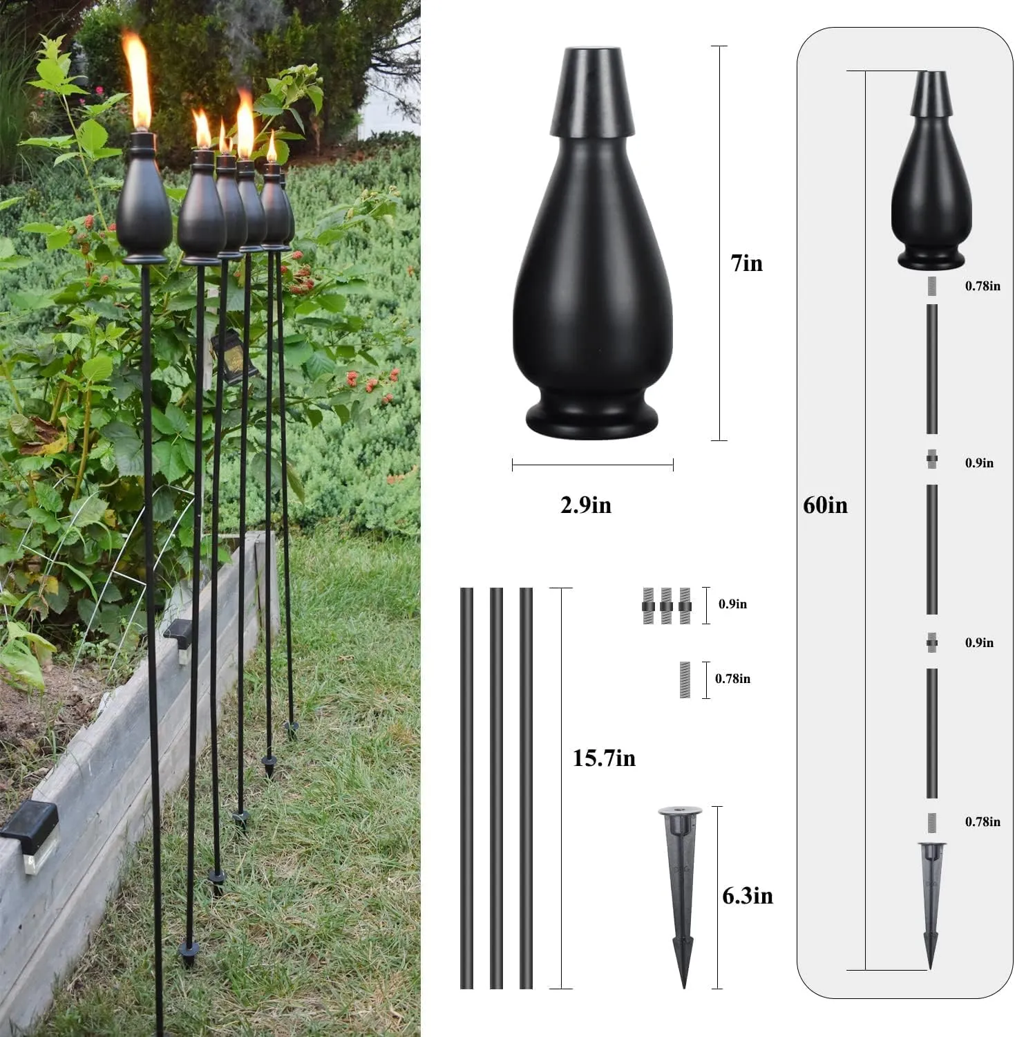 6 Pack Metal Citronella Torches, Torches Garden for Outside 60 inch Flickering Flame Citronella Outdoor Light Torch,Metal Torches for Outside, Camping Patio Pathway Table Torch(Jet Black)