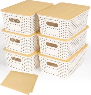 6 Pack Plastic Storage Baskets With Bamboo Lid, Stackable Storage Baskets for Organizing Desktop Closet Shelves Drawers Pantry Organization Office Playroom Classroom