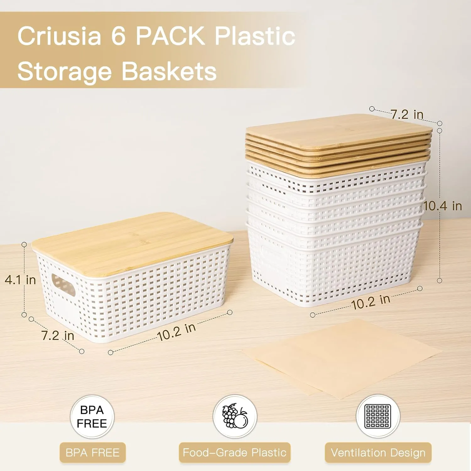 6 Pack Plastic Storage Baskets With Bamboo Lid, Stackable Storage Baskets for Organizing Desktop Closet Shelves Drawers Pantry Organization Office Playroom Classroom