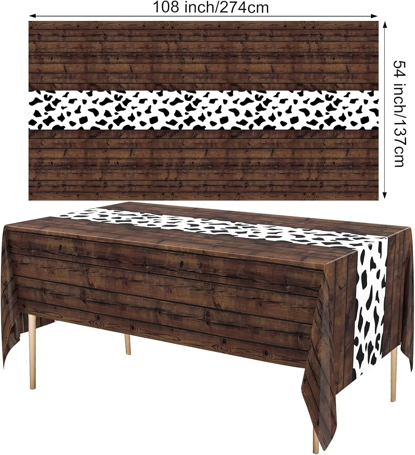 6 Pcs 54 x 108 Inch Cow Tablecloth for Party Decor Western Table Cloth Cowboy Print Plastic Rustic Table Runner Highland My First Rodeo Toys Farm Animal Holiday Story (Dark Khaki Pattern)
