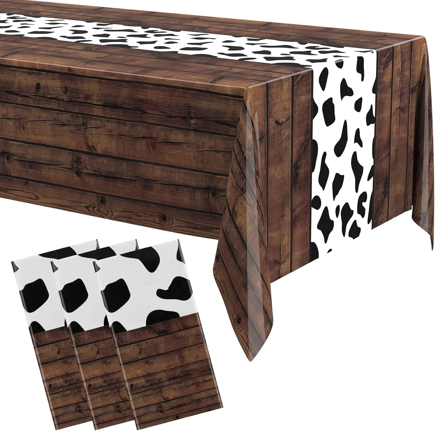 6 Pcs 54 x 108 Inch Cow Tablecloth for Party Decor Western Table Cloth Cowboy Print Plastic Rustic Table Runner Highland My First Rodeo Toys Farm Animal Holiday Story (Dark Khaki Pattern)