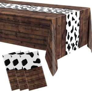 6 Pcs 54 x 108 Inch Cow Tablecloth for Party Decor Western Table Cloth Cowboy Print Plastic Rustic Table Runner Highland My First Rodeo Toys Farm Animal Holiday Story (Dark Khaki Pattern)