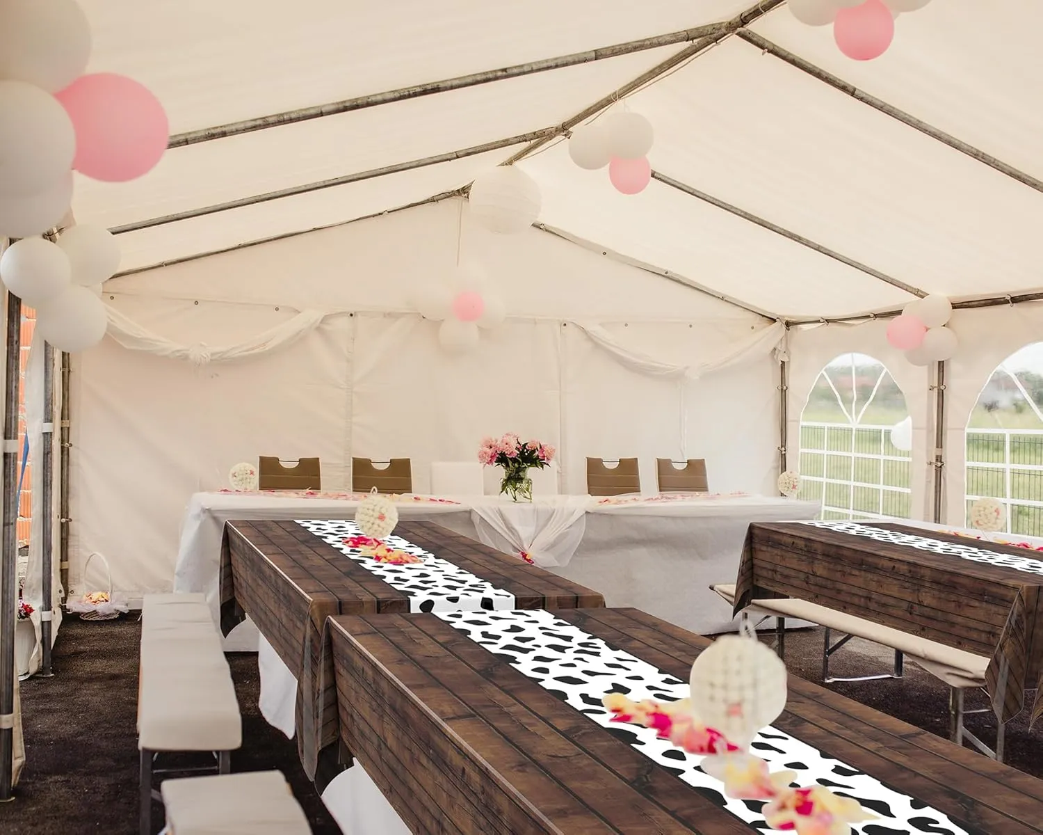 6 Pcs 54 x 108 Inch Cow Tablecloth for Party Decor Western Table Cloth Cowboy Print Plastic Rustic Table Runner Highland My First Rodeo Toys Farm Animal Holiday Story (Dark Khaki Pattern)