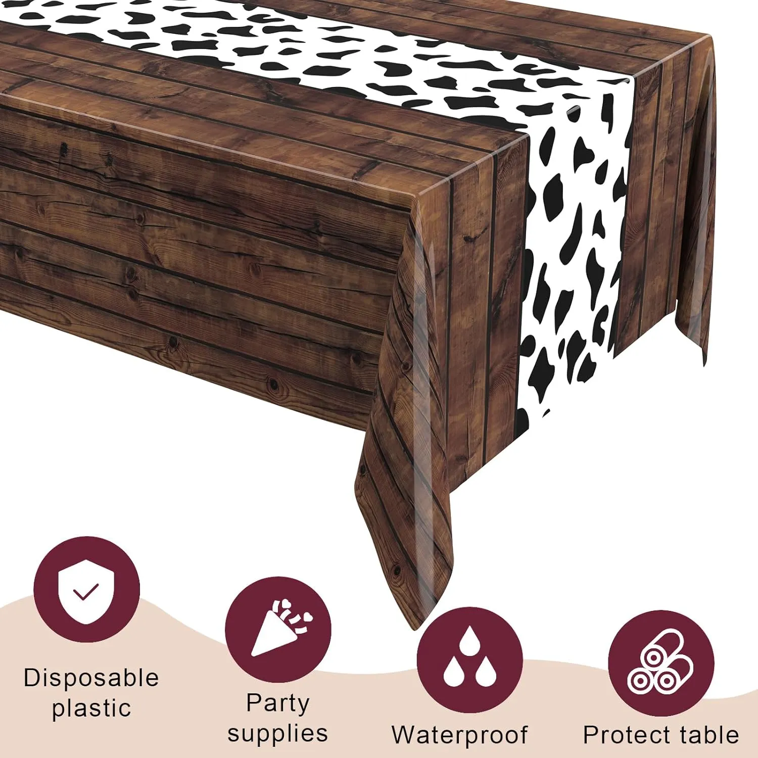 6 Pcs 54 x 108 Inch Cow Tablecloth for Party Decor Western Table Cloth Cowboy Print Plastic Rustic Table Runner Highland My First Rodeo Toys Farm Animal Holiday Story (Dark Khaki Pattern)