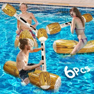 6 Pcs Jumbo Inflatable Battle Log Rafts Pool Games for 3 Players Pool Toys for Kids & Adult, Inflatable Floating Row Pool Floats, Pool Game for Adult and Family Summer Swimming Pool Party Beach