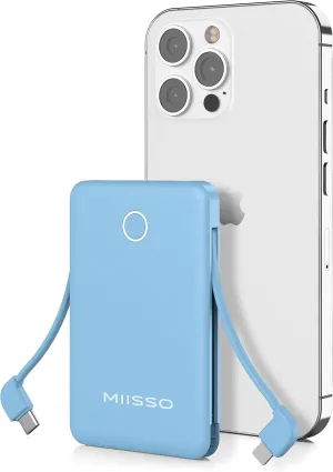 6000mah Ultra Slim Built in Cables Power Bank, Card Size Built in USB C Cords Battery Pack Portable Charger for Phones, 3 Output External Battery Pack Compatible with iPhone, Samsung, Google, Blue