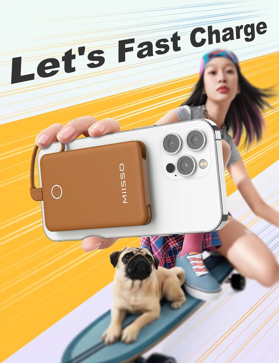 6000mah Ultra Slim Built in Cables Power Bank, Card Size Built in USB C Cords Battery Pack Portable Charger for Phones, 3 Output External Battery Pack Compatible with iPhone, Samsung, Google, Brown