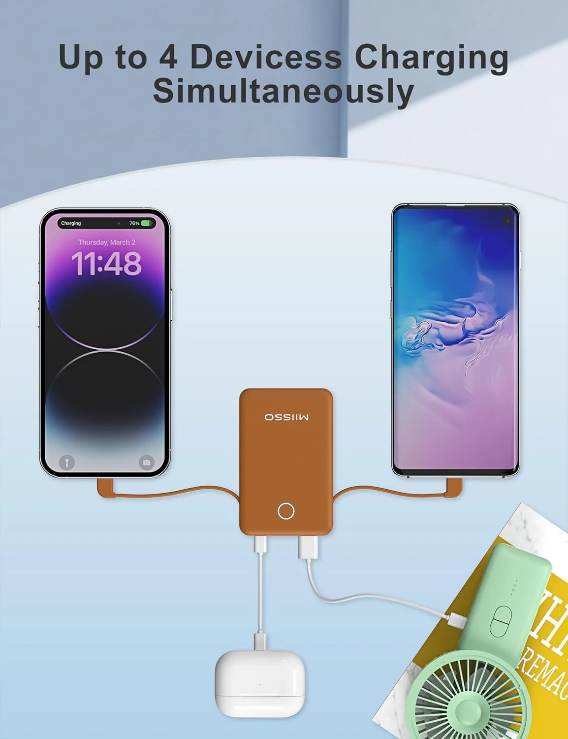 6000mah Ultra Slim Built in Cables Power Bank, Card Size Built in USB C Cords Battery Pack Portable Charger for Phones, 3 Output External Battery Pack Compatible with iPhone, Samsung, Google, Brown