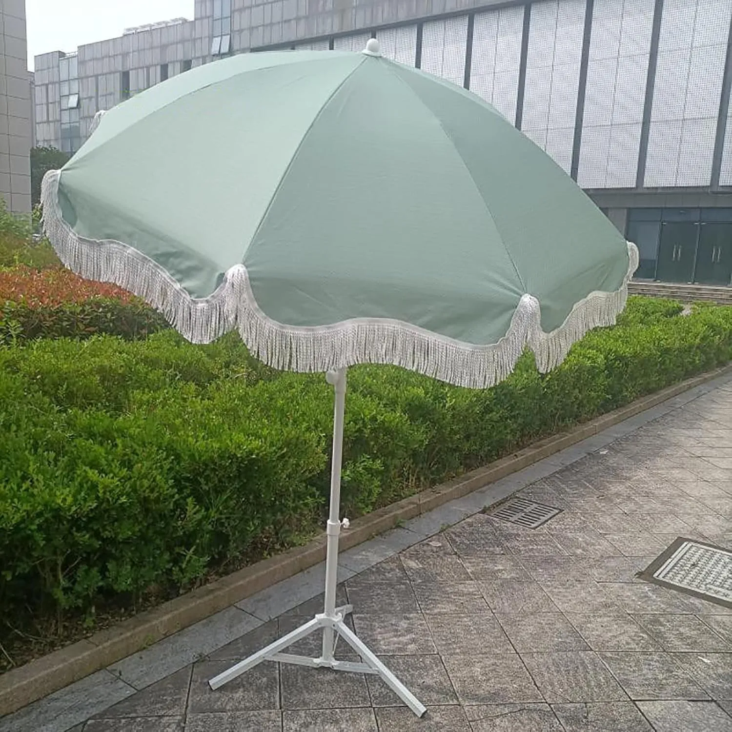 6.56ft/200cm Tiltable Beach Umbrella Open-air Terrace Large Garden Villa Table and Chair Matching Umbrella Patio Sunscreen Polyester Cloth - NO Base,Green-White Metal Umbrella Pole