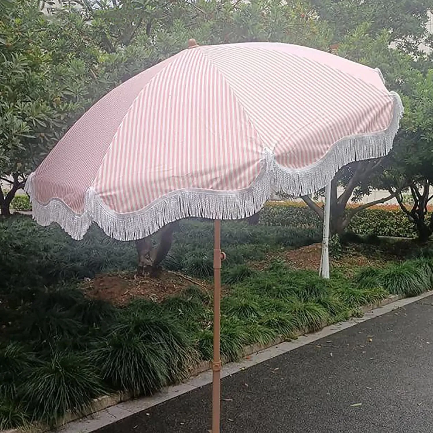 6.56ft/200cm Tiltable Beach Umbrella Open-air Terrace Large Garden Villa Table and Chair Matching Umbrella Patio Sunscreen Polyester Cloth - NO Base,Pink-Brown Metal Umbrella Pole