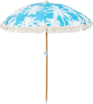 6.5Ft Boho Beach Umbrella with Fringe, Tassel Umbrellas with Tilting Wood Pole & Carrying Bag, UPF 50  for Beach