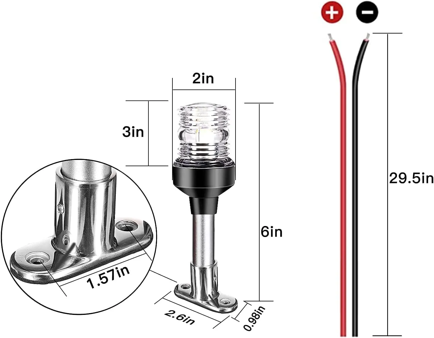 6inch Stern Light, Anchor Light All-round Light, Corrosion Resistant Coated Aluminum Pole and Removable Stainless Steel Base LED IP67 Waterproof Boat Navigation Lights