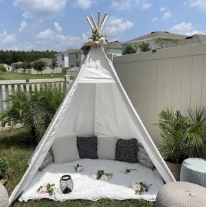7' Large Teepee Tent for Adults, Play Tent with Carry Bag, 5 Sides Canvas Kids Teepee Tent Indoor & Outdoor Tents for Party, Wedding, Photo Prop, White