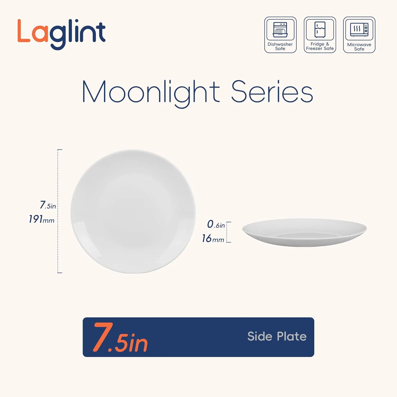 7.5 inch Salad Appetizer Plate Set of 6, Lightweight Opal Glass Round White Plates for Dessert Kitchen, Dishwasher and Microwave Safe
