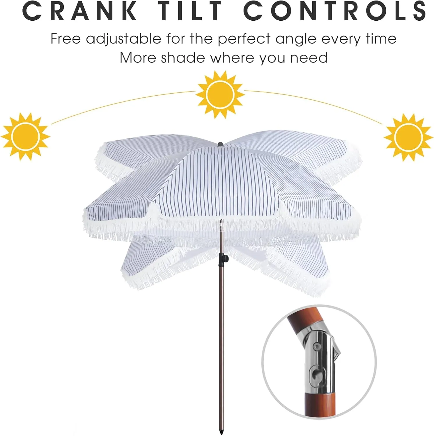 7.5Ft Patio Beach Umbrella with Fringe & Tassel, UPF50  Push Button Tilt & Crank, Ideal for Garden, Lawn, Deck, Yard & Pool