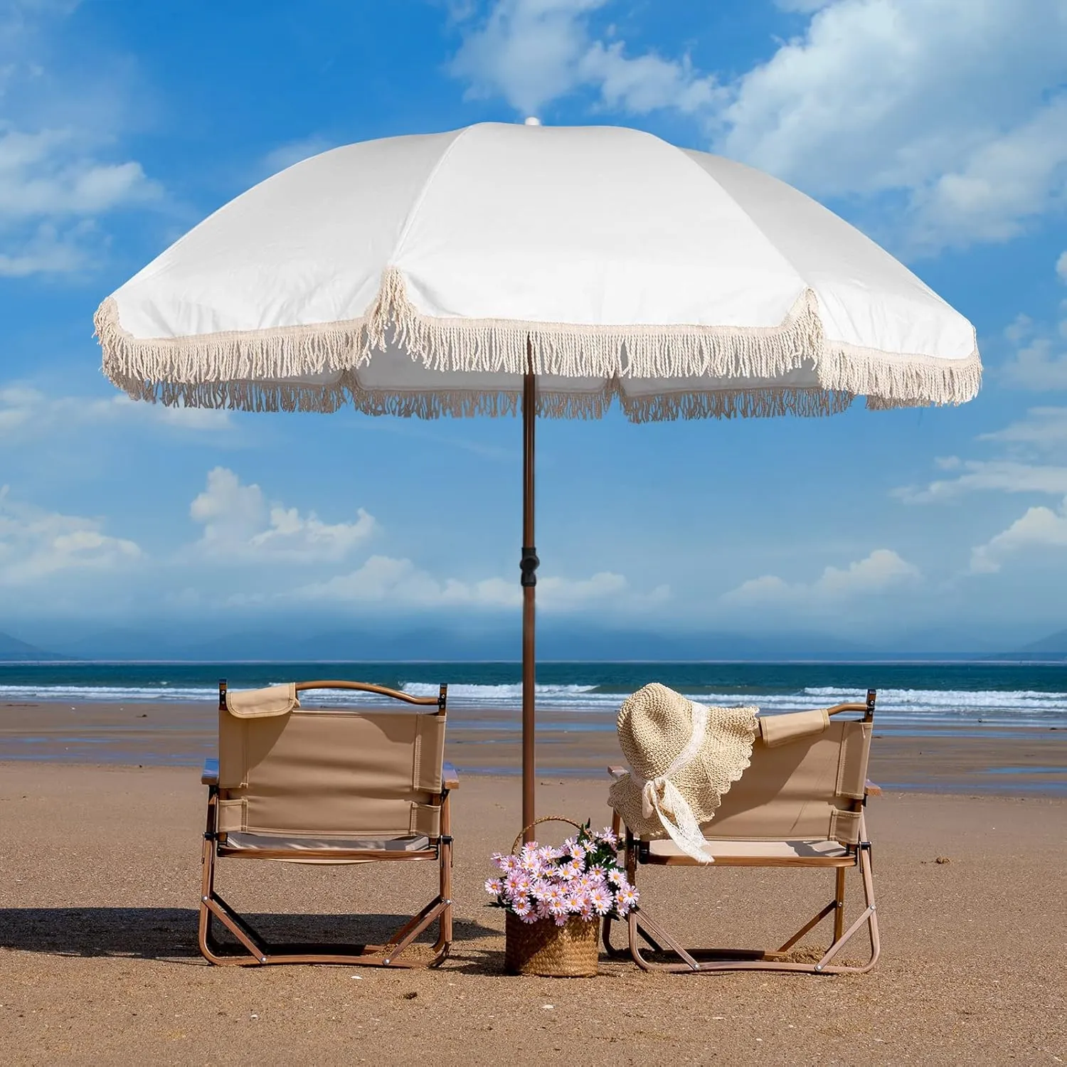 7.5Ft Patio Beach Umbrella with Fringe & Tassel, UPF50  Push Button Tilt & Crank, Ideal for Garden, Lawn, Deck, Yard & Pool