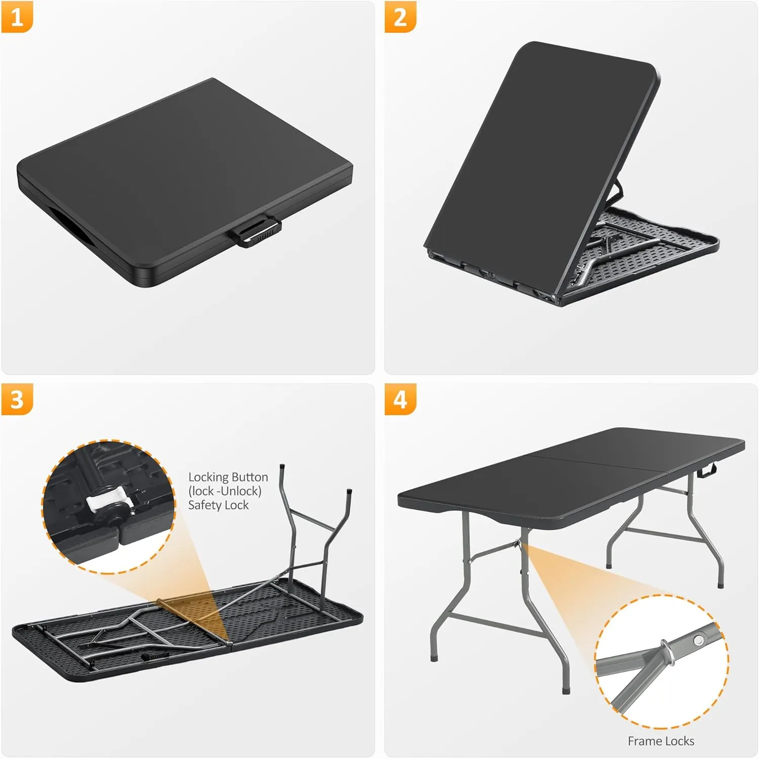 8ft Foldable Table - Portable Plastic Folding Table with Safety Locks, Lightweight & Durable for Parties, Dining, Weddings, Events, Picnics,Indoor & Outdoor Use (Black, 8FT)