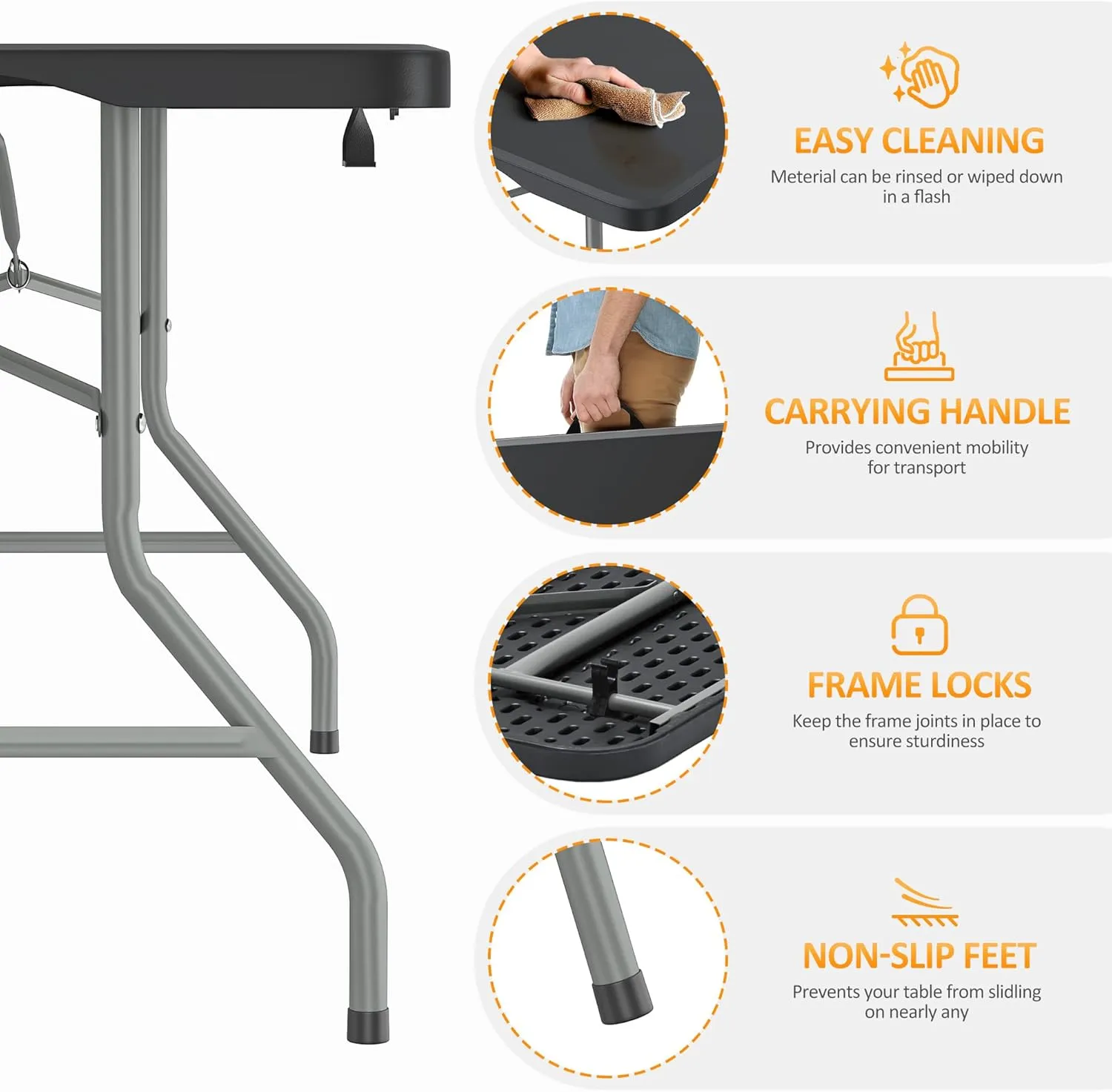 8ft Foldable Table - Portable Plastic Folding Table with Safety Locks, Lightweight & Durable for Parties, Dining, Weddings, Events, Picnics,Indoor & Outdoor Use (Black, 8FT)