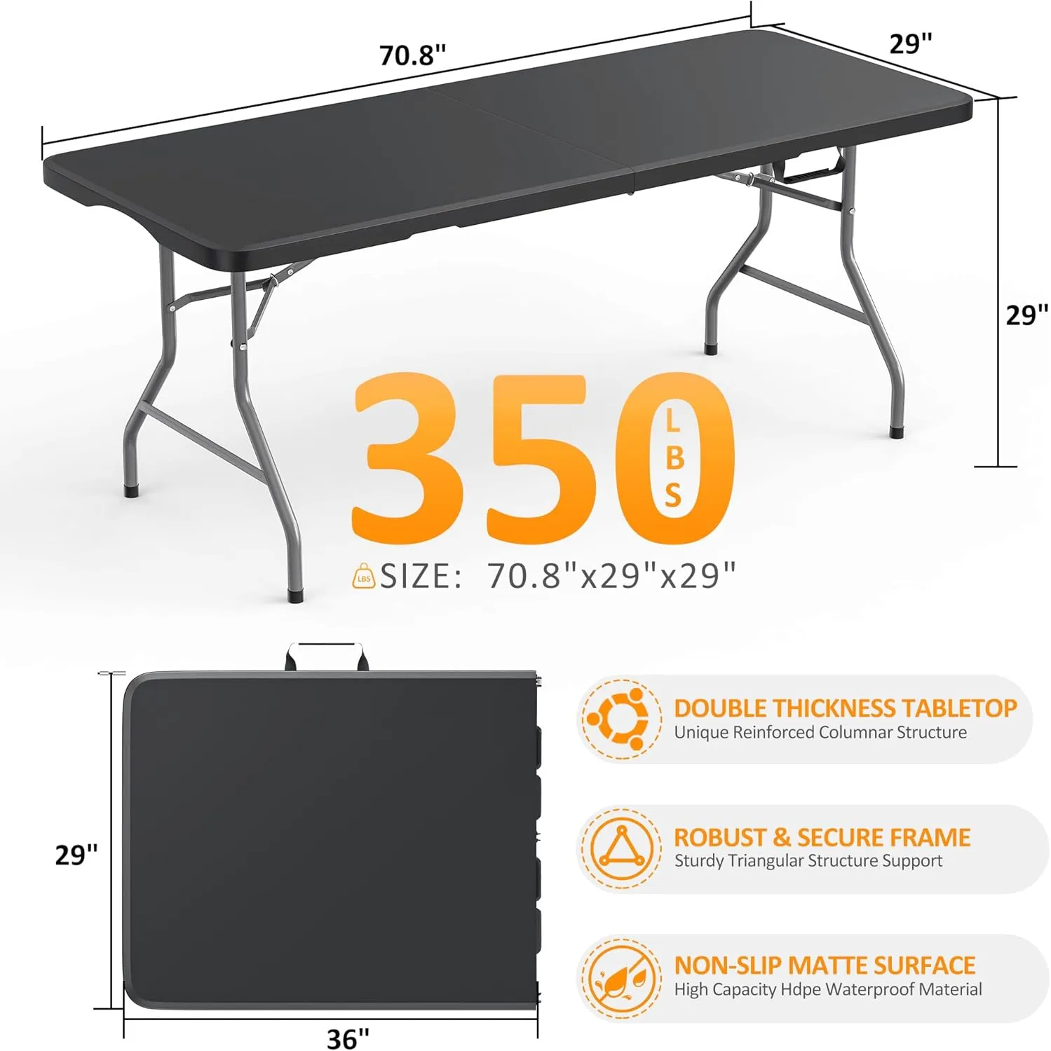 8ft Foldable Table - Portable Plastic Folding Table with Safety Locks, Lightweight & Durable for Parties, Dining, Weddings, Events, Picnics,Indoor & Outdoor Use (Black, 8FT)