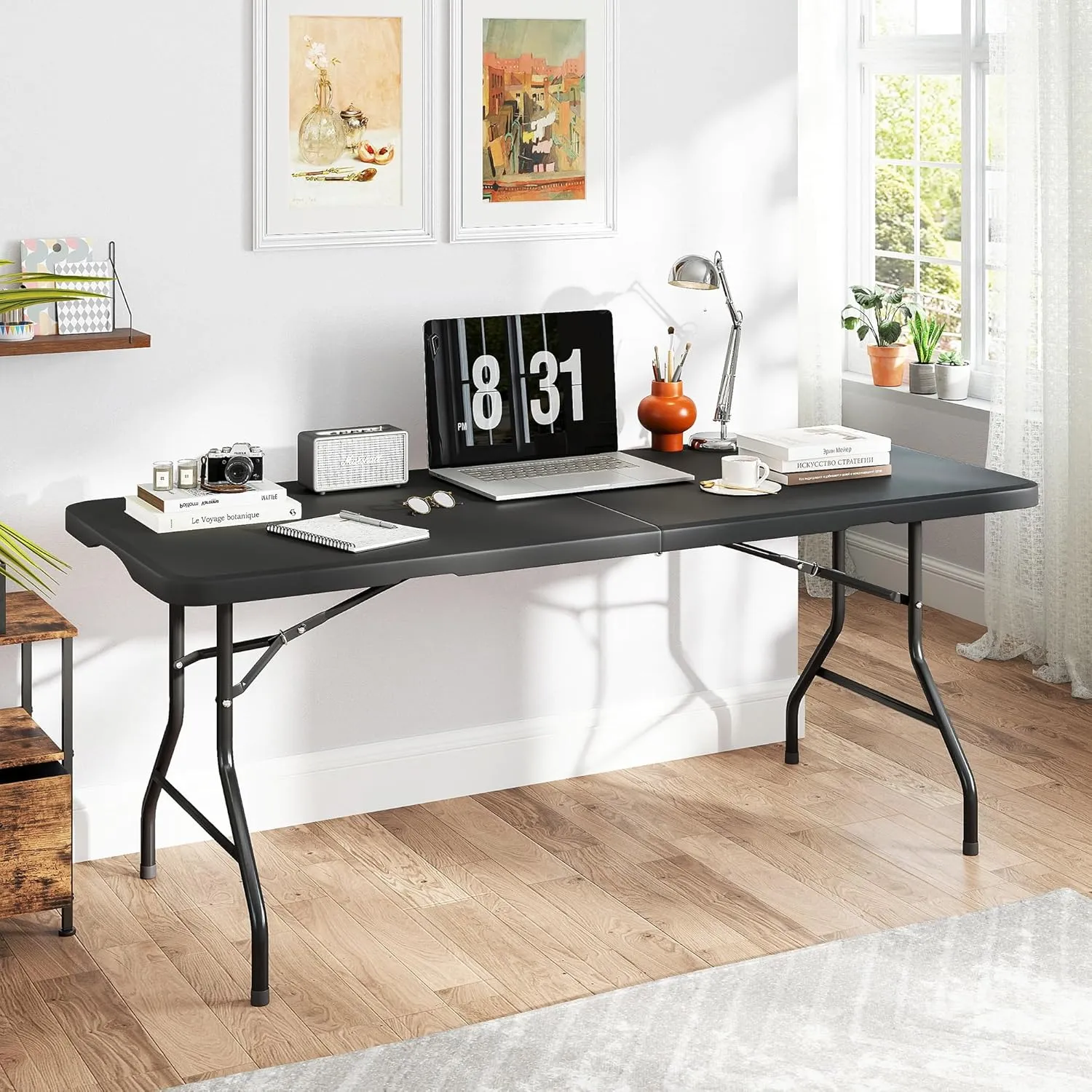 8ft Foldable Table - Portable Plastic Folding Table with Safety Locks, Lightweight & Durable for Parties, Dining, Weddings, Events, Picnics,Indoor & Outdoor Use (Black, 8FT)