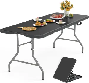 8ft Foldable Table - Portable Plastic Folding Table with Safety Locks, Lightweight & Durable for Parties, Dining, Weddings, Events, Picnics,Indoor & Outdoor Use (Black, 8FT)