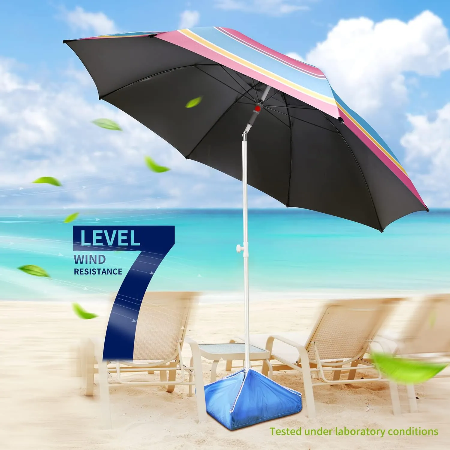 8FT Large Beach Umbrella with Level 7 Wind Resistance, Sand Anchor, Portable Outdoor Umbrella with UPF50  UV Protection, Tilt Sun Shelter for Beach, Patio, Yard