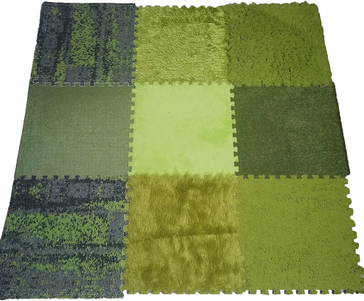9 Pcs Interlocking Carpet Tiles, Plush Foam Square Floor Mats, Sensory Mats Puzzle Play Mat, Fluffy Green Area Rugs Set, 9 Tiles/9 Sq.Ft