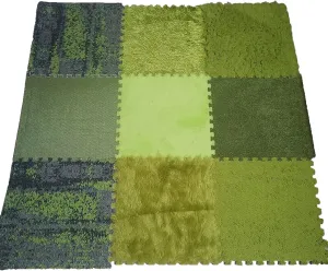 9 Pcs Interlocking Carpet Tiles, Plush Foam Square Floor Mats, Sensory Mats Puzzle Play Mat, Fluffy Green Area Rugs Set, 9 Tiles/9 Sq.Ft